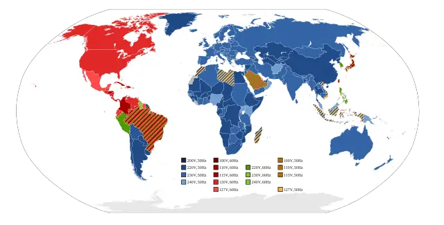 Spannungswandler - Weltkarte mit unterschiedlichen Regionen für Netzspannungen